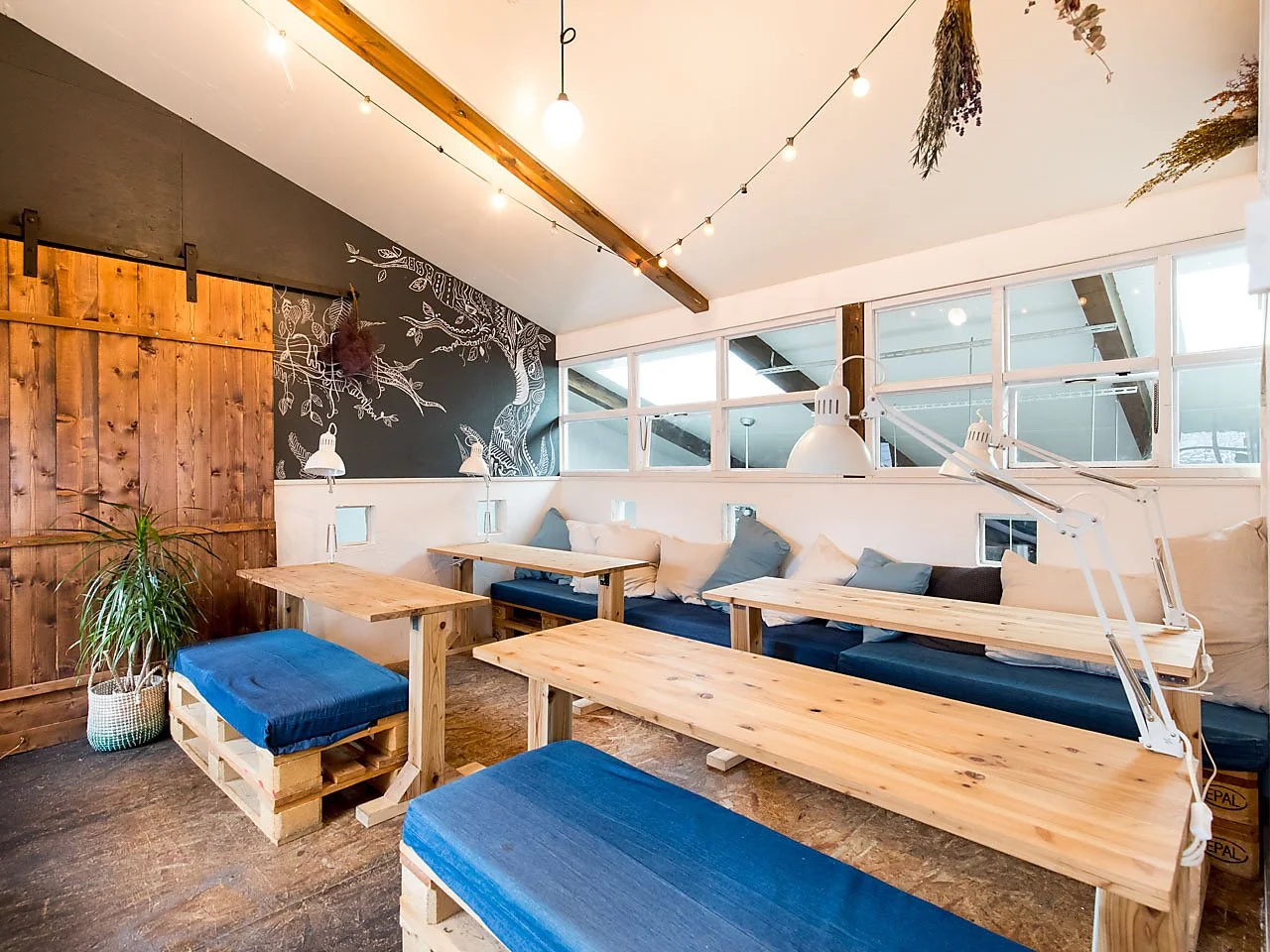 木製のテーブルとクッションが置かれた居心地の良いカフェの内装。壁には黒板アートの木の絵が描かれ、天井には照明と吊るされたドライフラワーが飾られている。大きな窓から自然光が差し込んでいる。