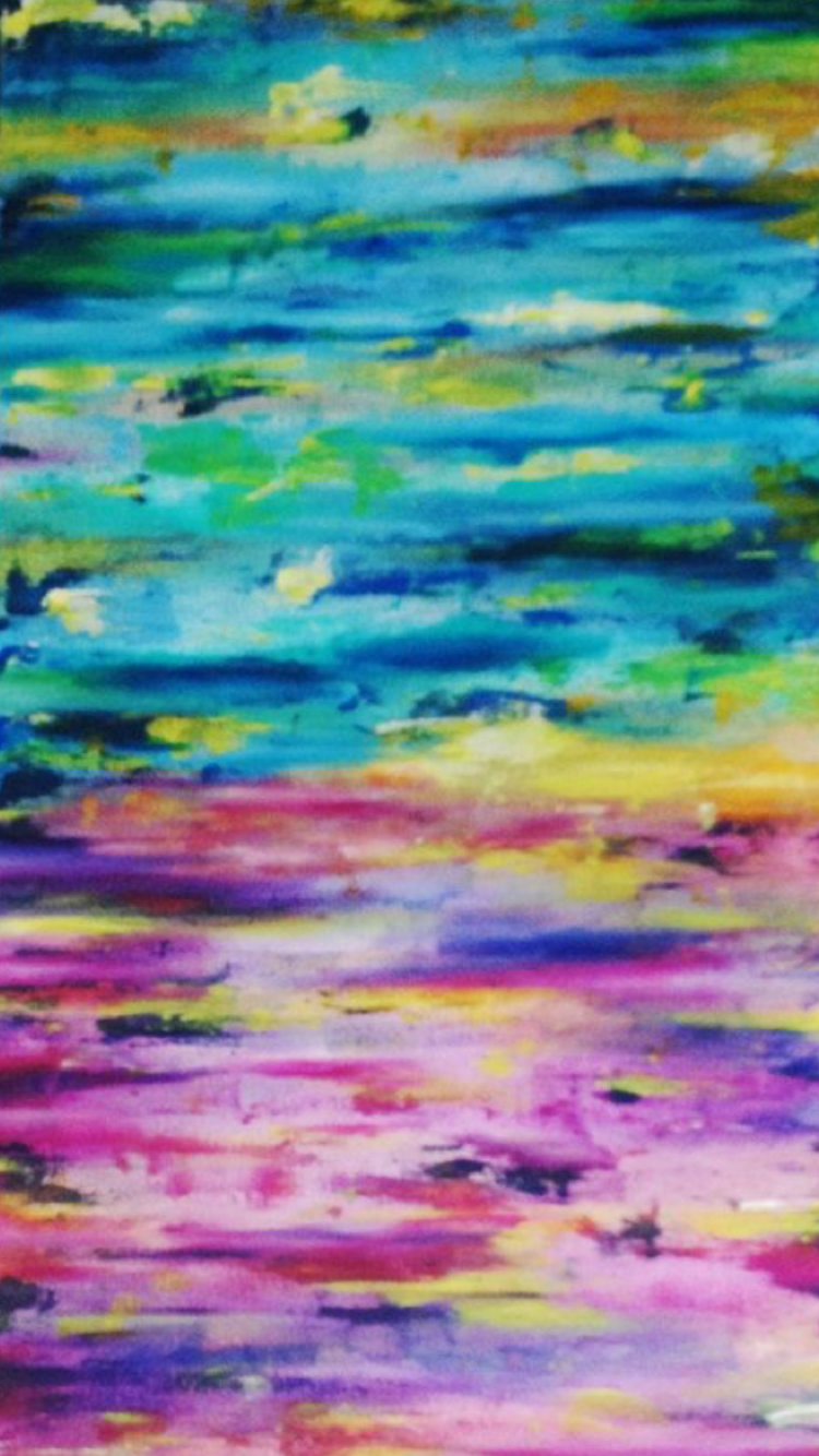 カラフルな抽象画、水面を模したような筆致と色彩の重なり