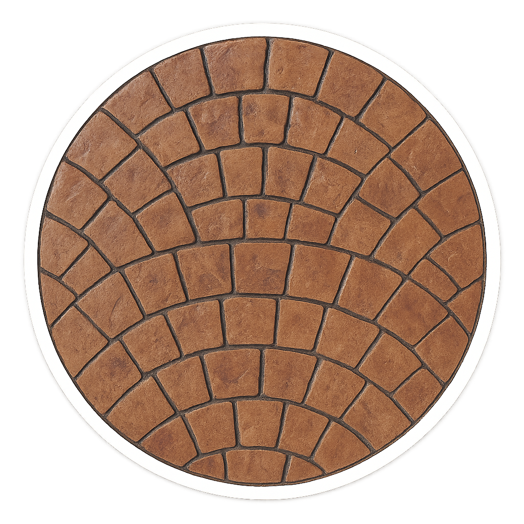 Top view of a round surface with a pattern of brown brick stones arranged in a circular design.