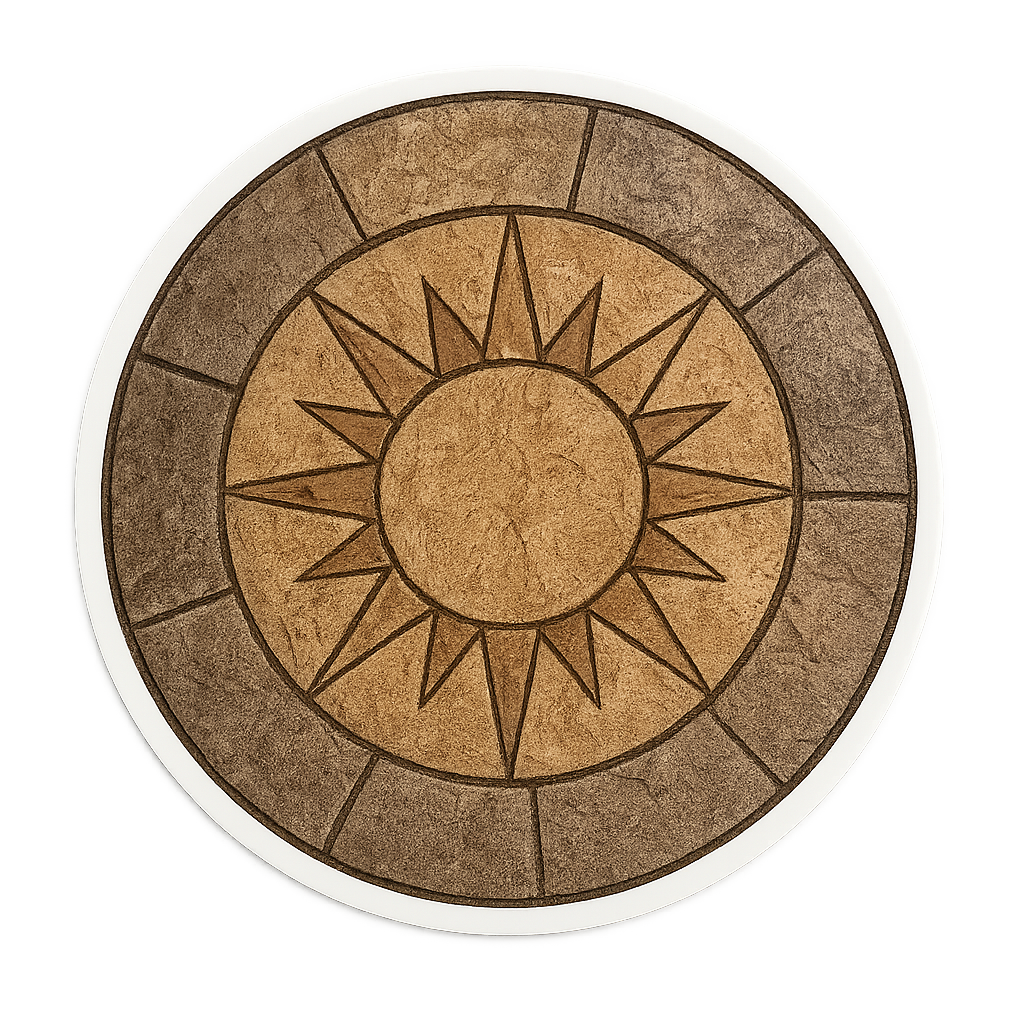 Top view of a round wooden table with a sunburst geometric pattern in the center, divided into sections.
