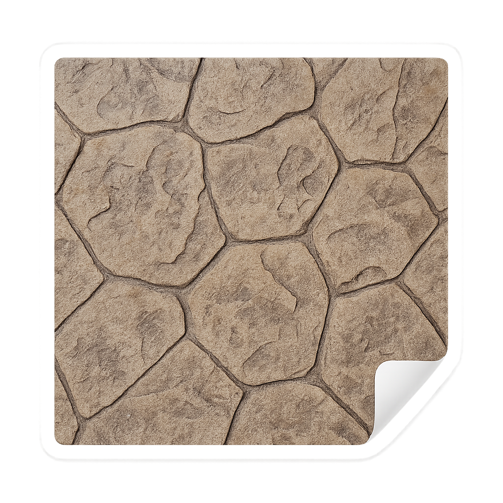 Close-up of beige stone paving with irregular shapes and cracks.