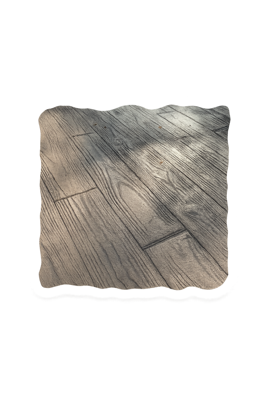 A close-up of a weathered wooden surface with visible grain and patterns, set against a background of colorful stage lights in purple, pink, and blue hues.