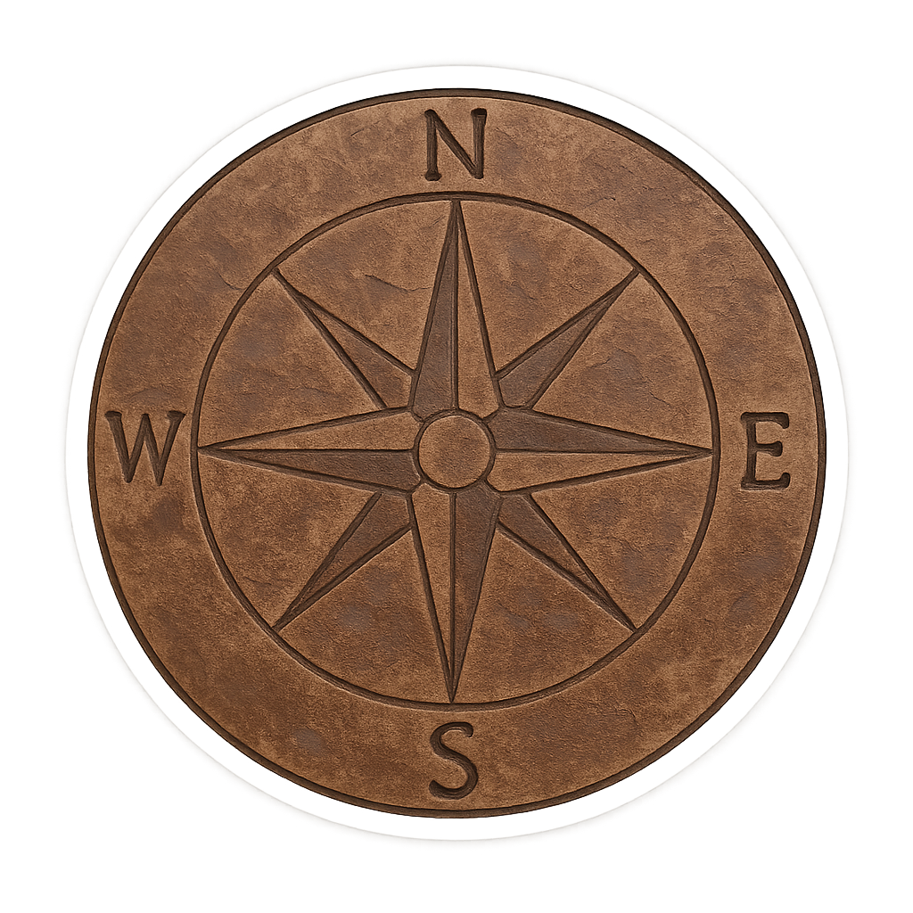 A round compass rose with a bronze texture, showing the cardinal directions North, East, South, and West.