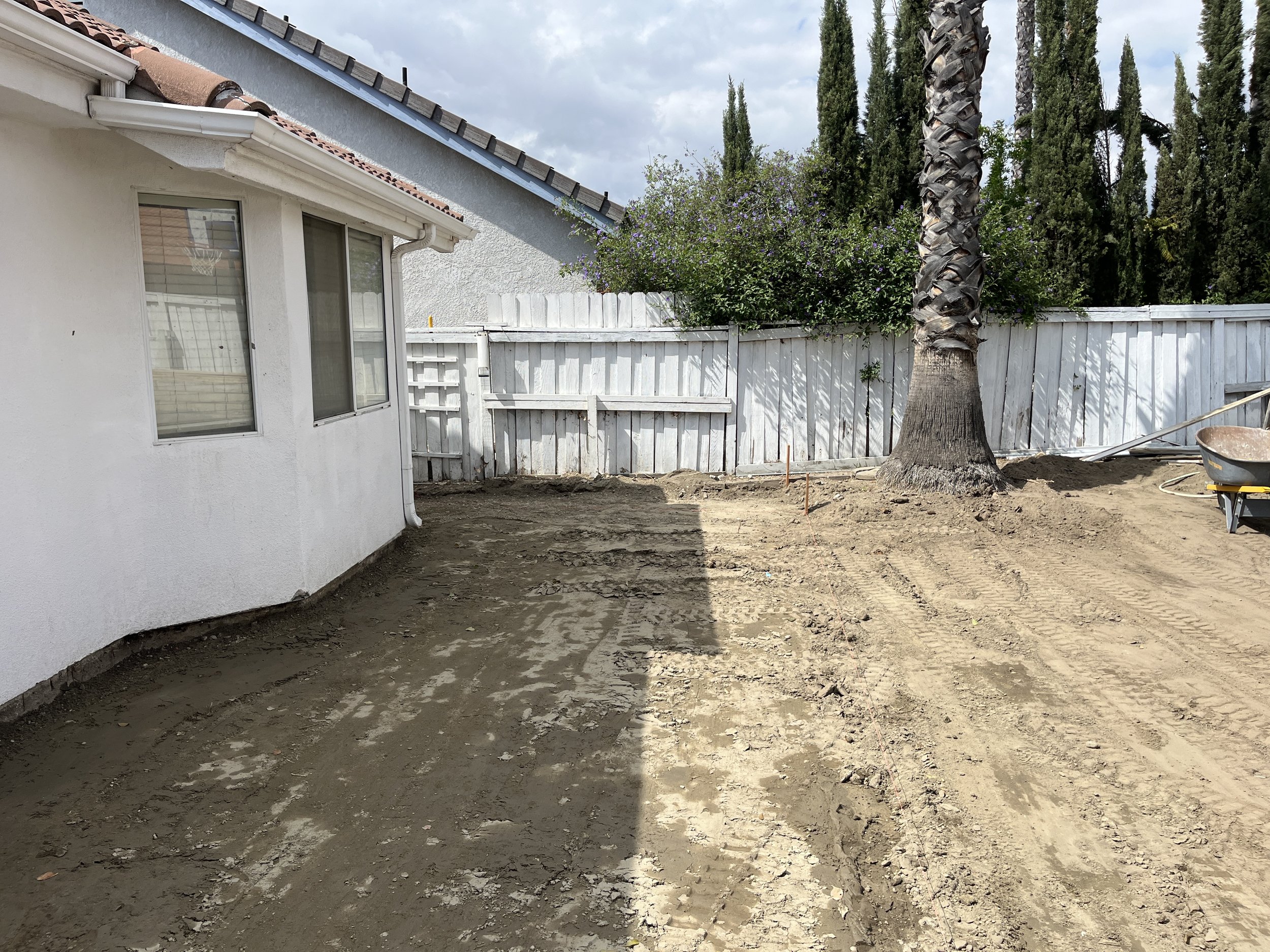 A backyard undergoing landscaping or construction with dirt ground, a white house wall on the left, a palm tree in the center-right, and a white fence in the background.