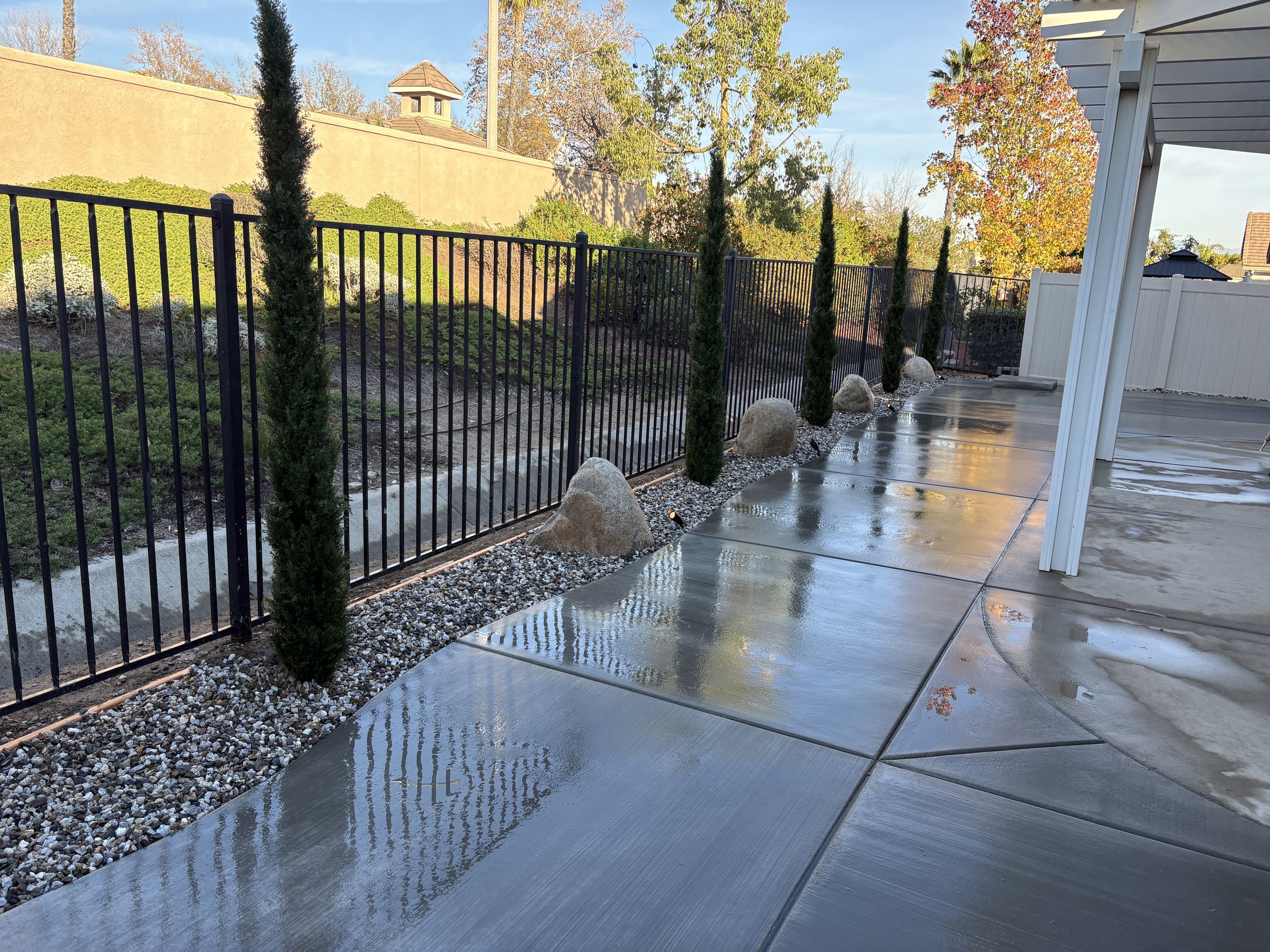 Wet concrete patio with a black metal fence, small cypress trees, large rocks, and a beige wall behind the fence. Front yard landscape and concrete remodel in Murrieta with checkerboard concrete and modern lighting.