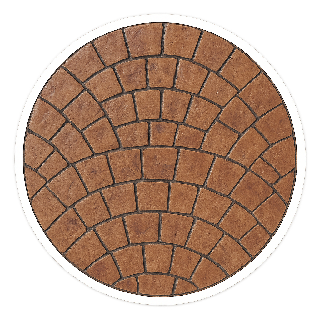Top view of a round surface with a pattern of brown brick stones arranged in a circular design.