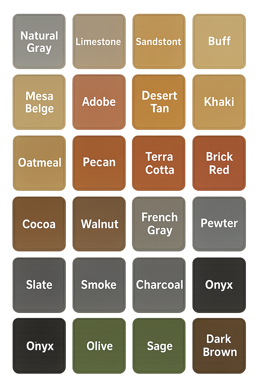 Color swatch palette featuring various shades with labels including Natural Gray, Limestone, Sandtont, Buff, Mesa Belge, Adobe, Desert Tan, Khaki, Oatmeal, Pecan, Terra Cotta, Brick Red, Cocoa, Walnut, French Gray, Pewter, Slate, Smoke, Charcoal, Onyx, Olive, Sage, and Dark Brown.