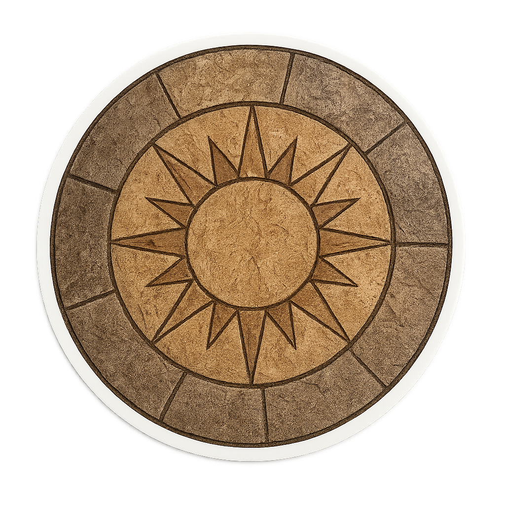A circular tile design with a sun motif featuring a round center and rays extending outward, surrounded by a darker outer ring.
