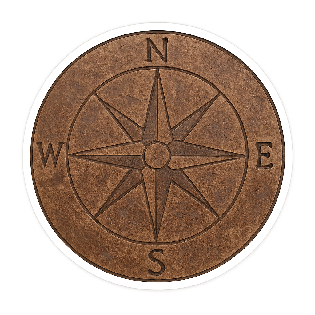 A round, vintage-style compass with a rusted metallic finish and a central star design indicating the four main directions: North, East, South, and West.