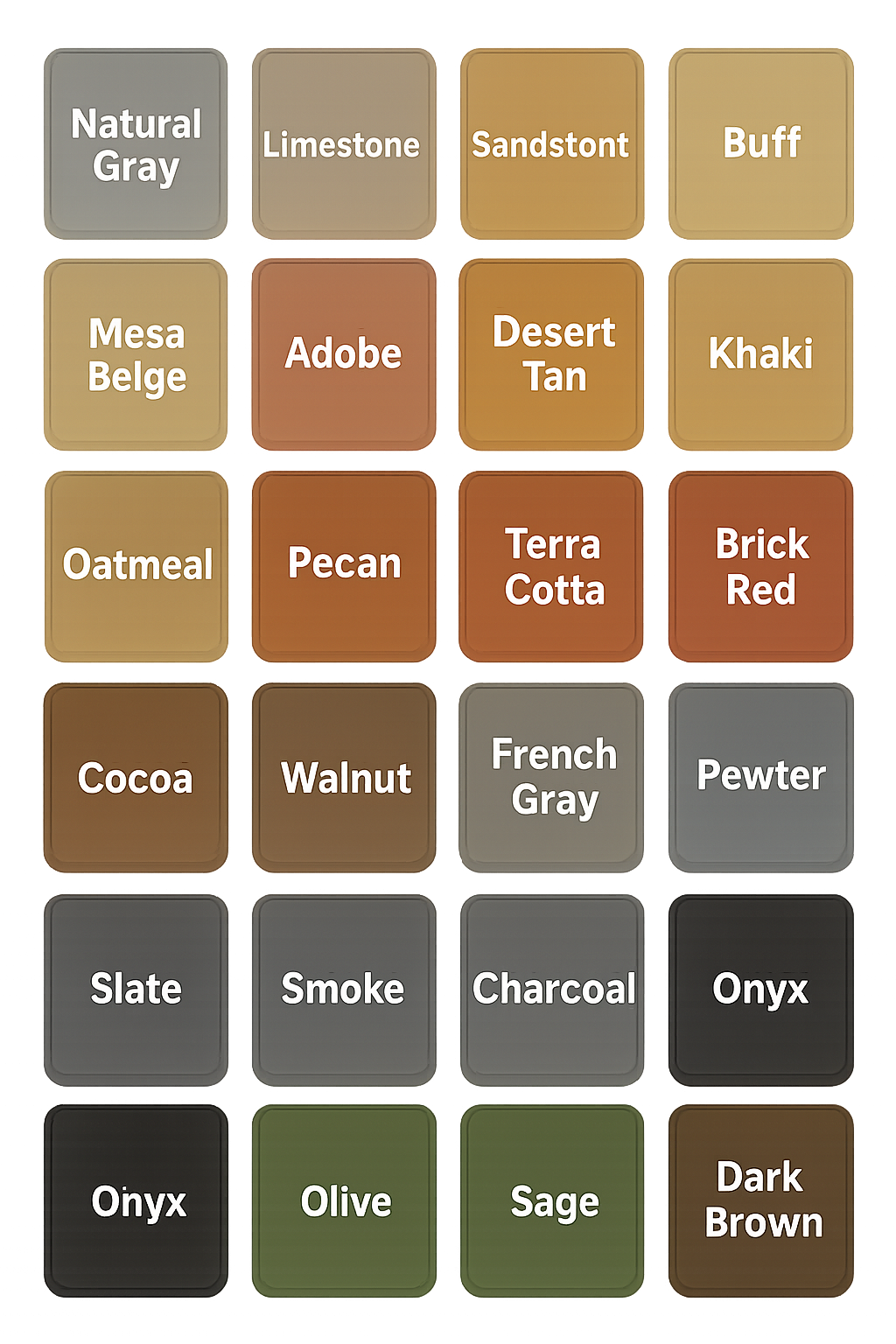 Color palette with various shades labeled as Natural Gray, Limestone, Sandtont, Buff, Mesa Belge, Adobe, Desert Tan, Khaki, Oatmeal, Pecan, Terra Cotta, Brick Red, Cocoa, Walnut, French Gray, Pewter, Slate, Smoke, Charcoal, Onyx, Olive, Sage, and Dark Brown.