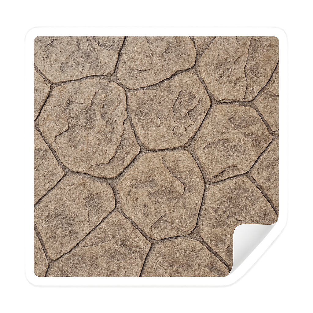 Close-up of beige stone paving with irregular shapes and cracks.