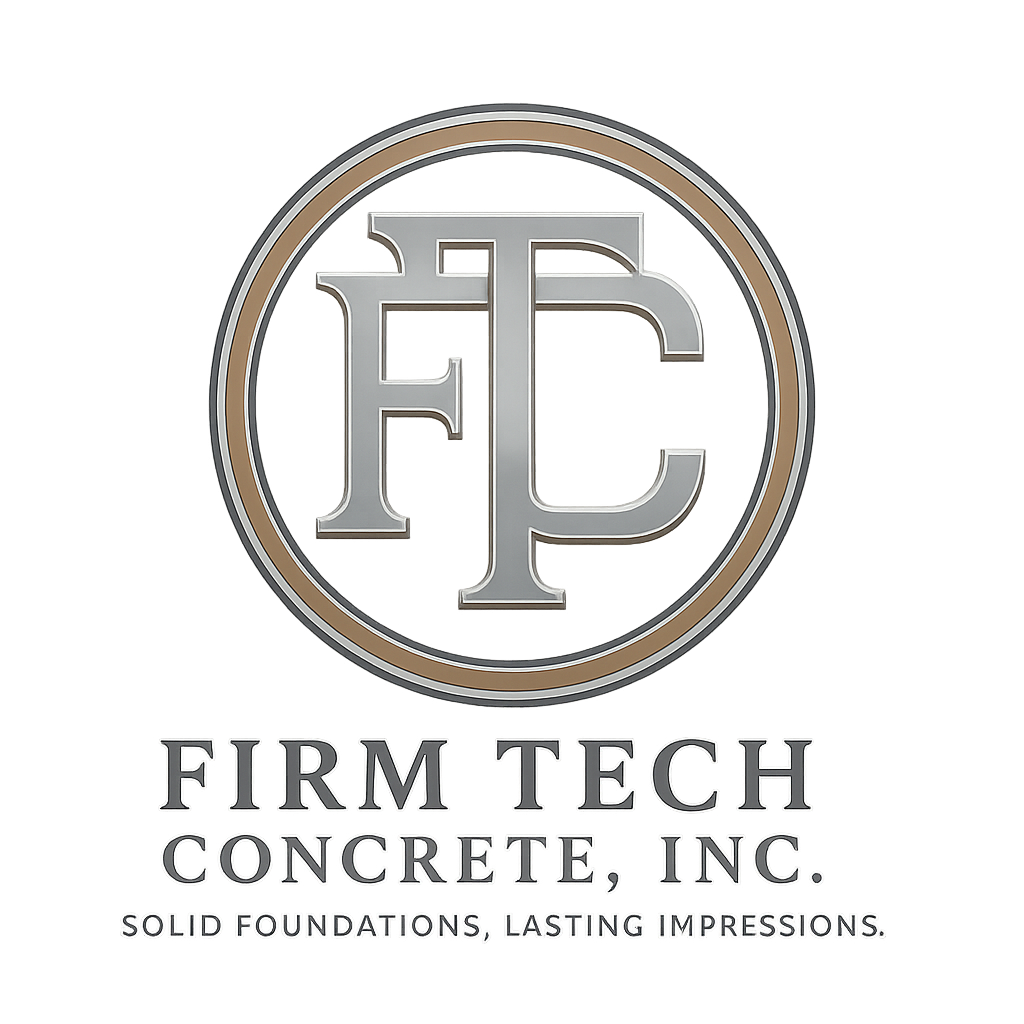 Logo for Firm Tech Concrete, Inc., featuring a silver circular emblem with intertwined letters F and T, and the company name and slogan 'Solid Foundations, Lasting Impressions' beneath.