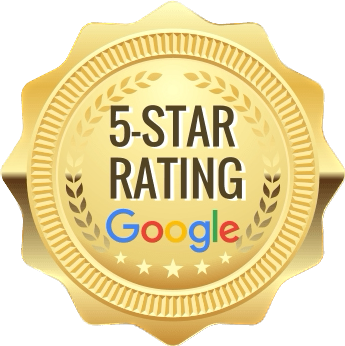 Gold 5-star Google rating badge with laurel wreath design.