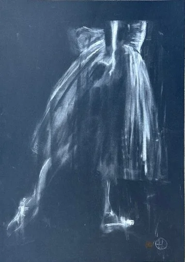Giselle #1 2025. White charcoal on black paper 29 x 42cm SOLD 
