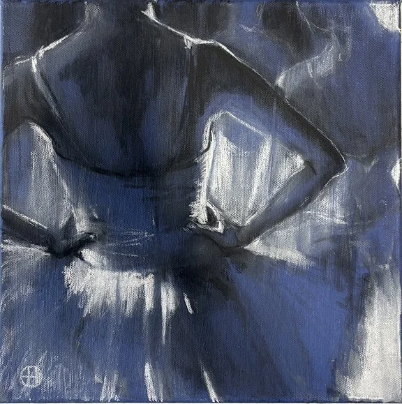Backstage #2 2025. Charcoal on blue colourful canvas 30 x 30cm SOLD
