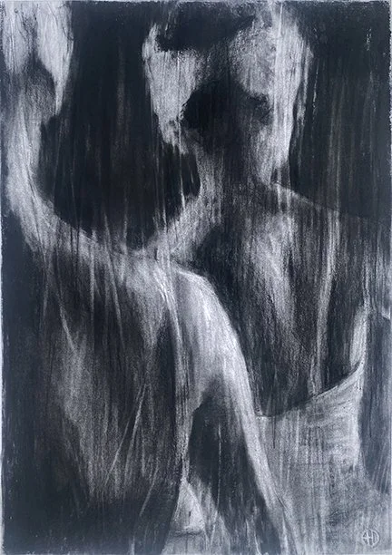 Swans in Noir 2025. Charcoal on paper 60 x 75cm Finalist at RQAS Figurative Award 2024/Finalist at RQAS Brisbane Art Showcase 2025