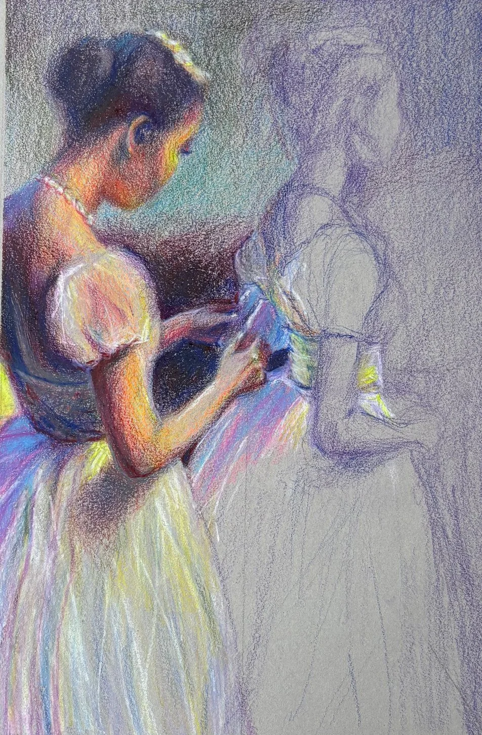 Giselle Rehearsal 2025. Prismacolor pencil toned paper 21 x 29cm SOLD