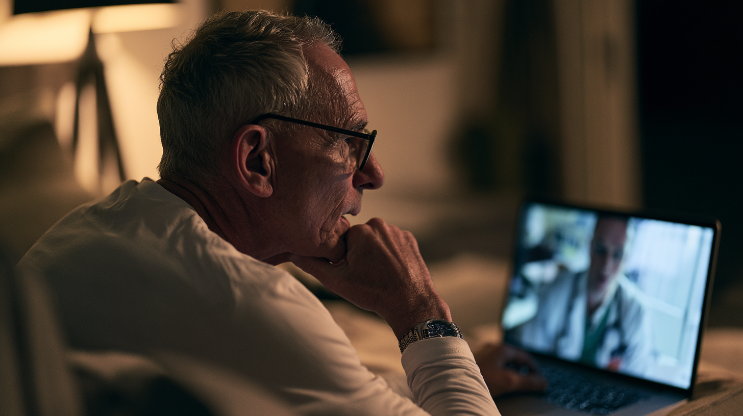 An older man with glasses and gray hair is sitting at a desk, looking at a laptop screen with a video call displaying a man in a white coat, possibly a doctor.