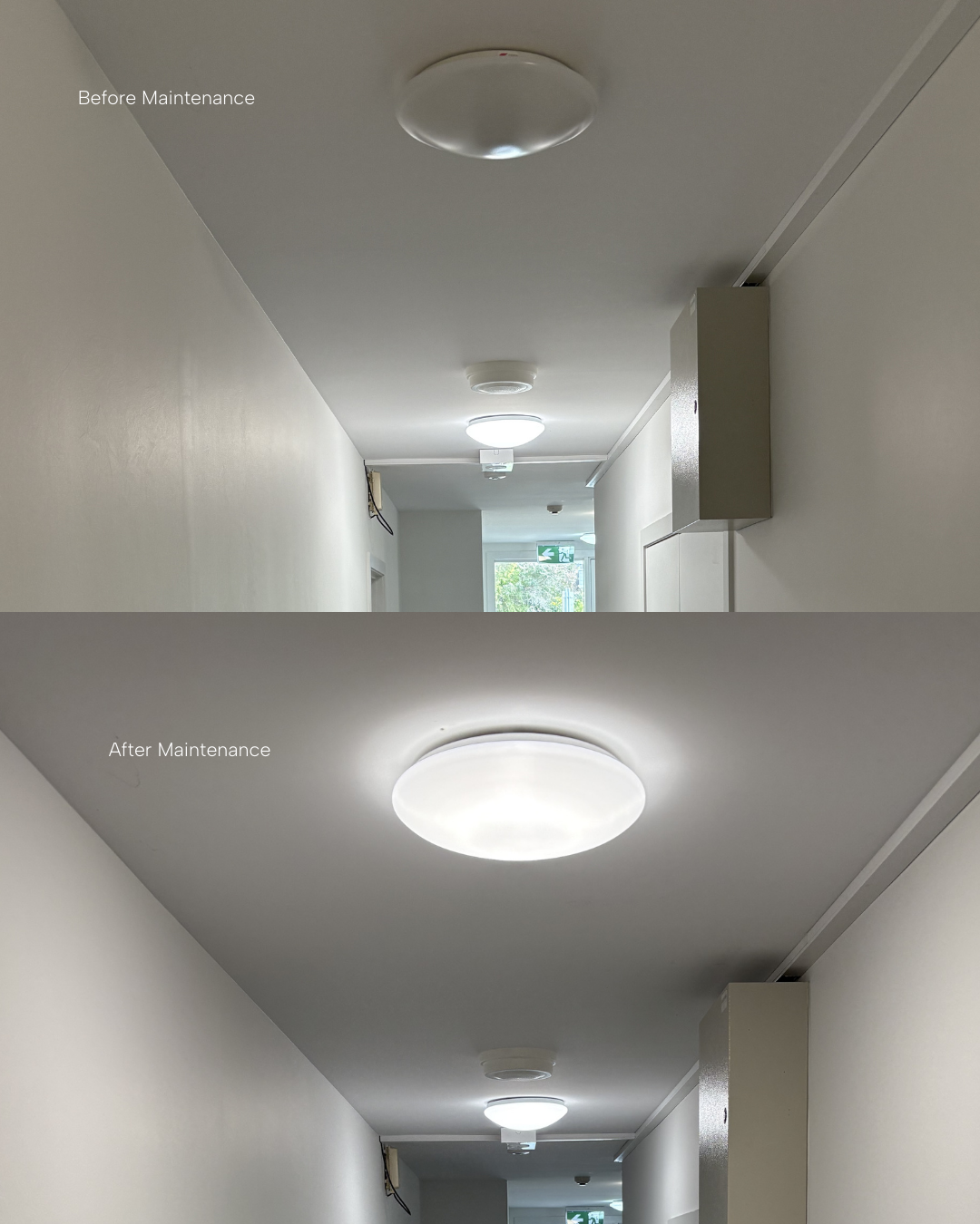 Comparison of hallway ceiling lights before and after maintenance, showing improved brightness and illumination after maintenance.