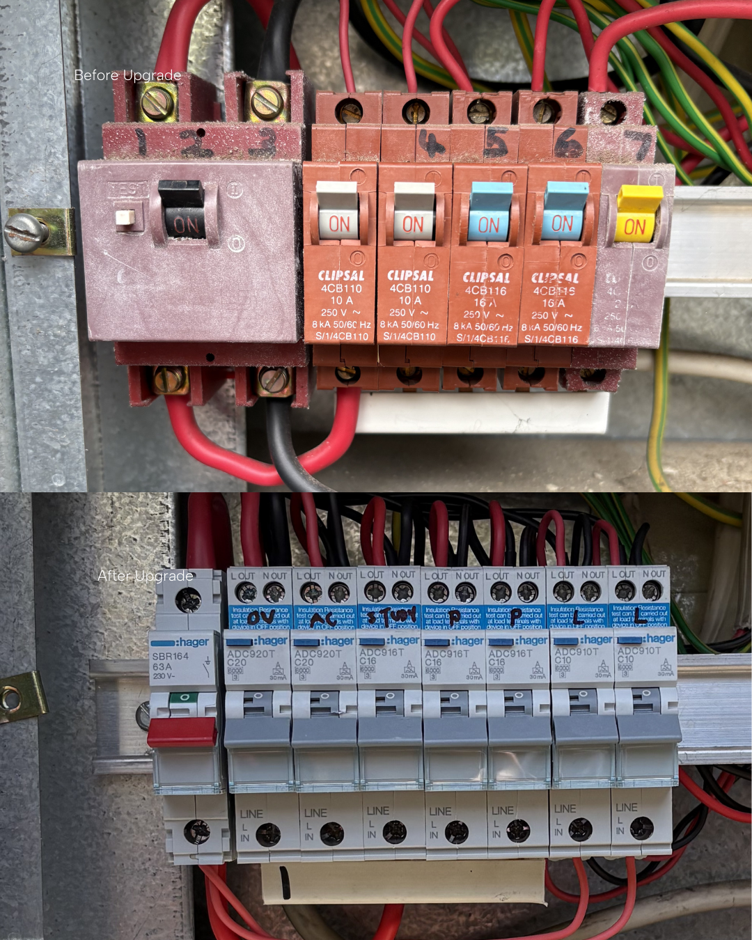 Comparison of electrical panels before and after upgrade showing replaced circuit breakers.