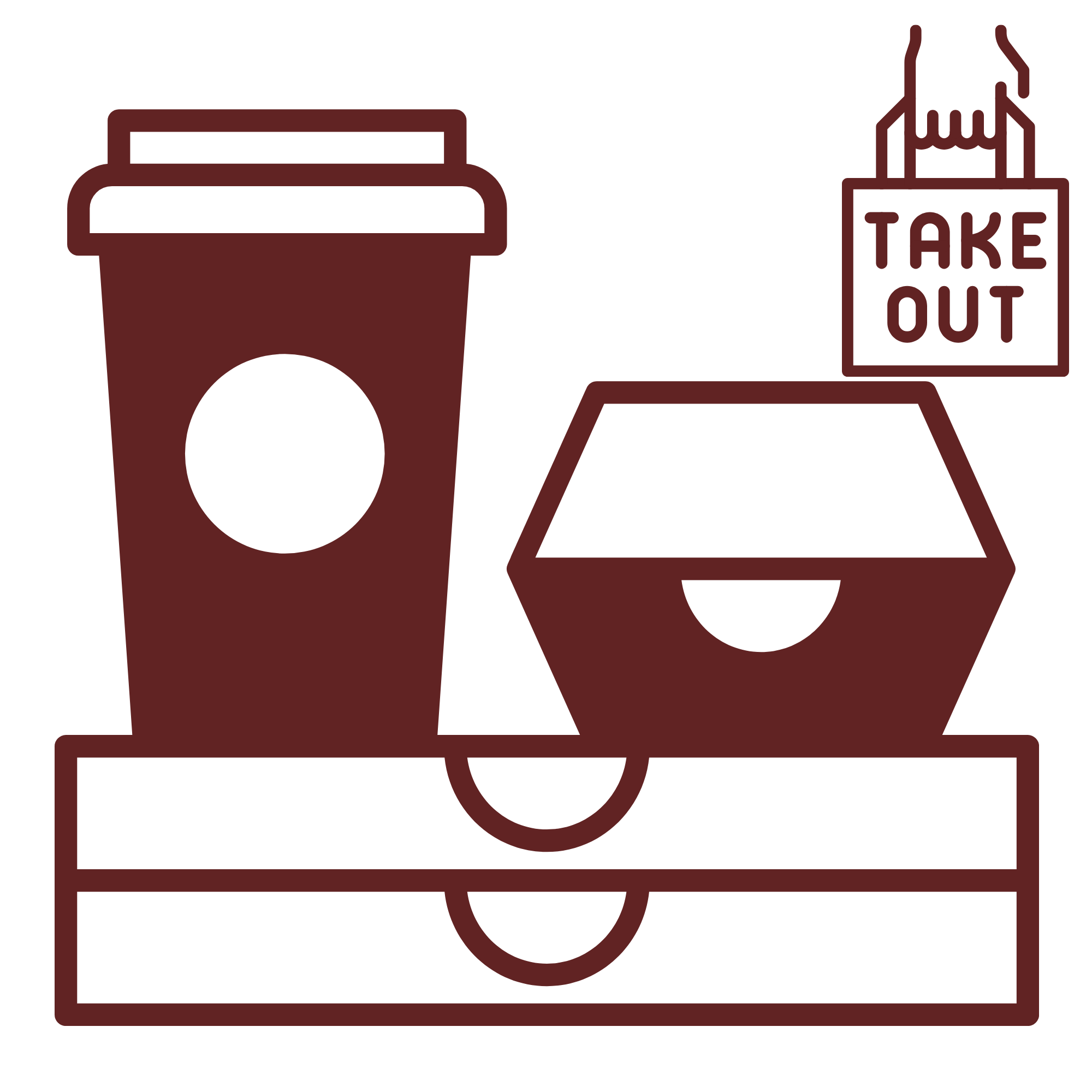 A stylized drawing of a takeout food container on a table with a folded napkin and a takeout box with chopsticks.