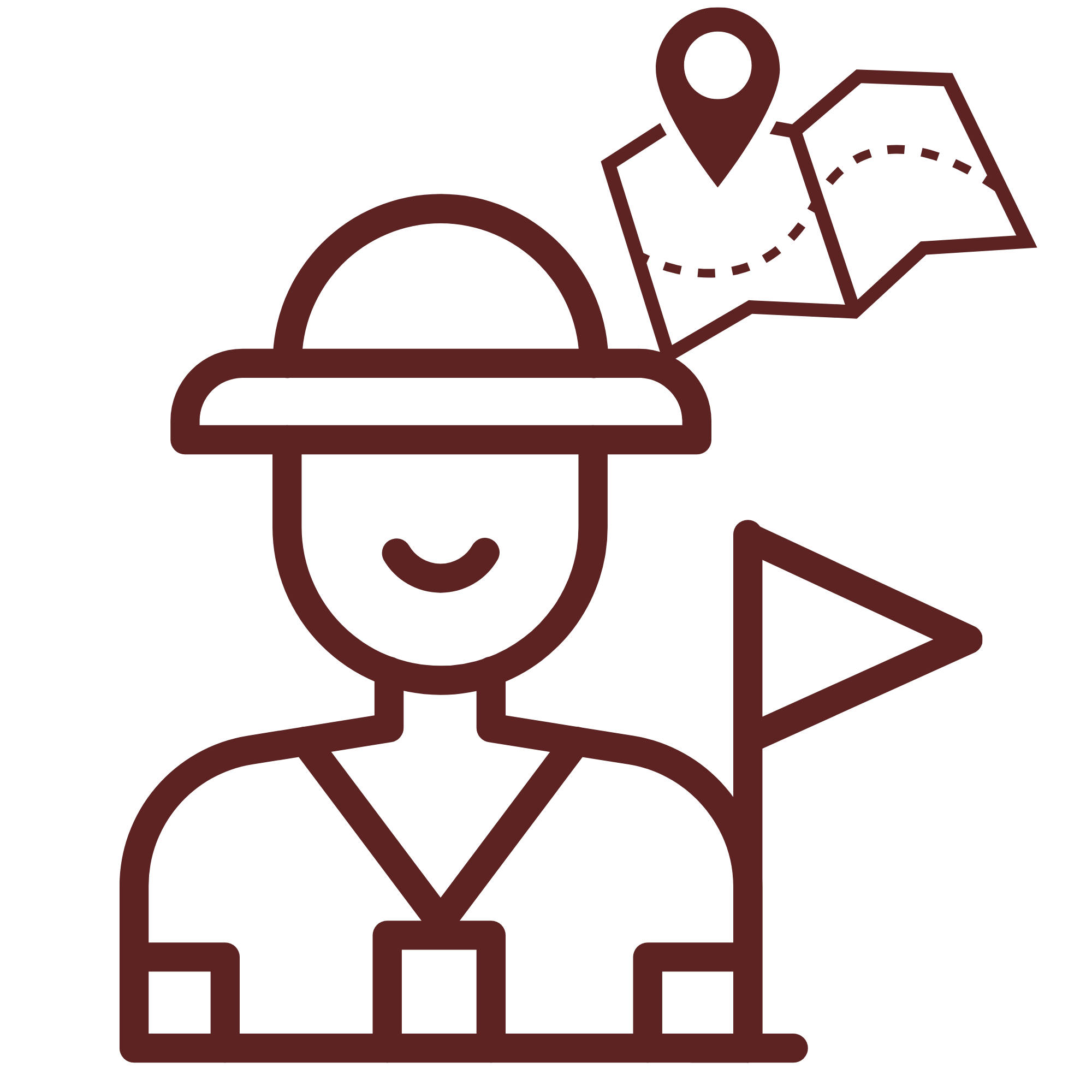 Illustration of a tour guide wearing a hat and holding a flag. Above is a map with a location pin.