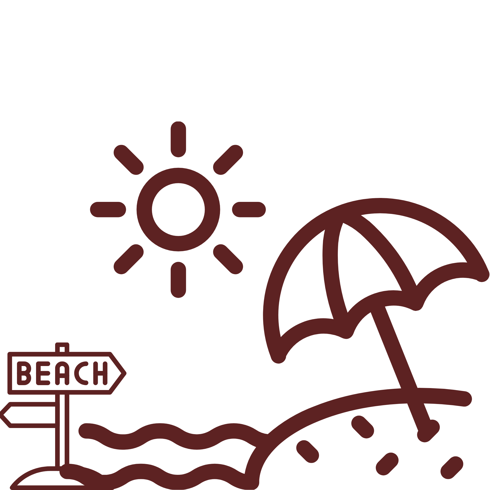Illustration of a beach with a beach umbrella in the sand, sun in the sky and a sign that says 'Beach' in front of the sea.
