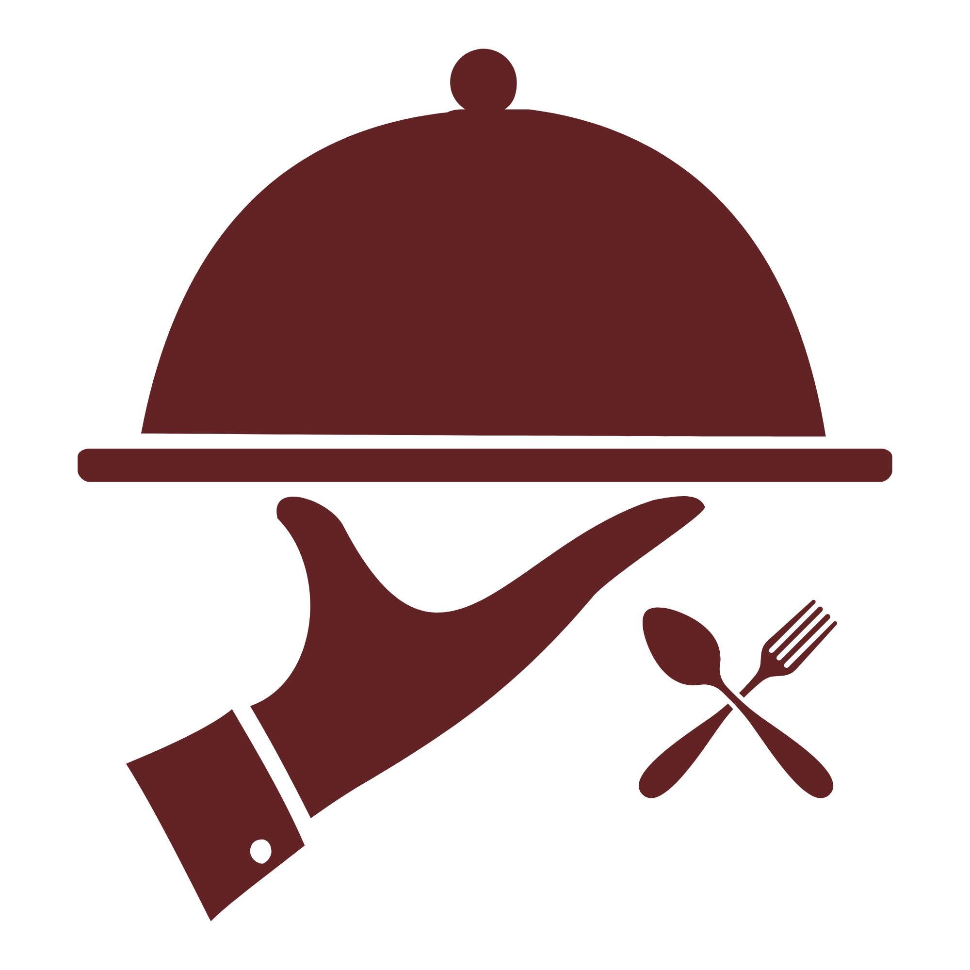 Line drawing of a hand holding a pizza cutter, a pizza, and a fork and knife