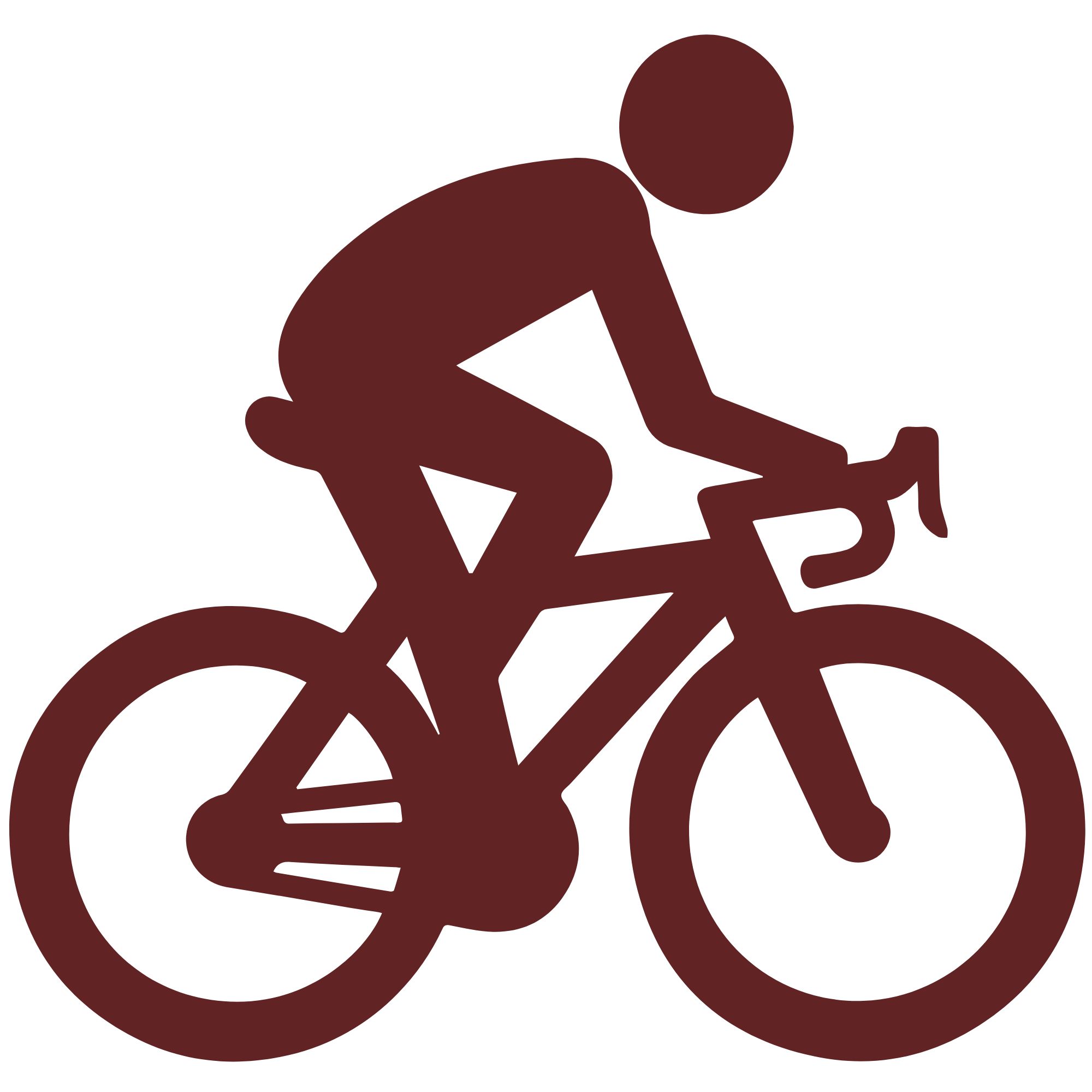 Silhouette of a person riding a bicycle, depicted in a minimalistic, solid maroon color against a black background.