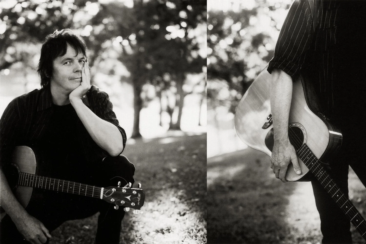 Black and white photo of a man with a guitar, seen from two angles: one front view showing him resting his chin on his hand, and the other side view showing him holding the guitar by his side.