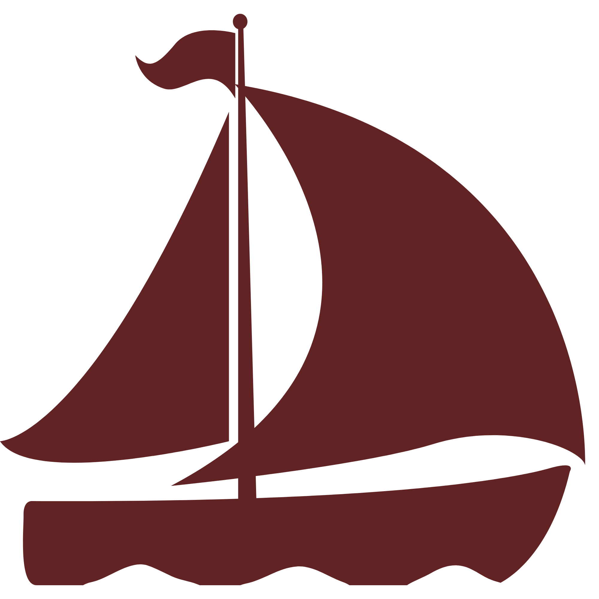 A maroon and black illustration of a sailing ship with sails, a flag, and a hull.