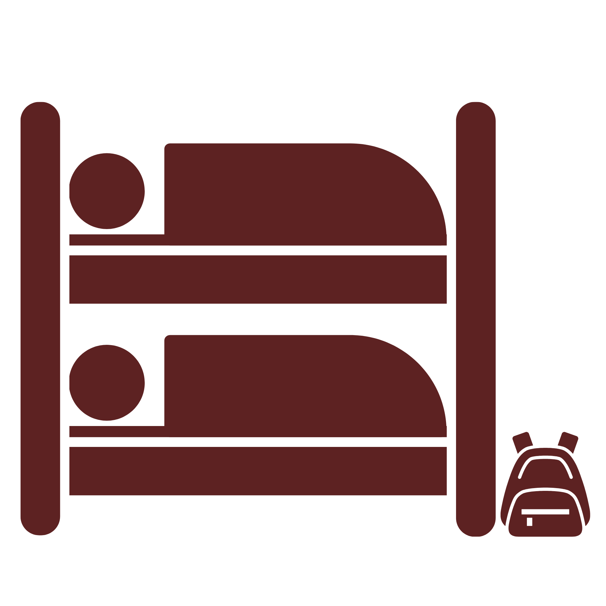 Illustration of a bunk bed with a person sleeping on each bunk. A backpack is on the floor next to the beds.