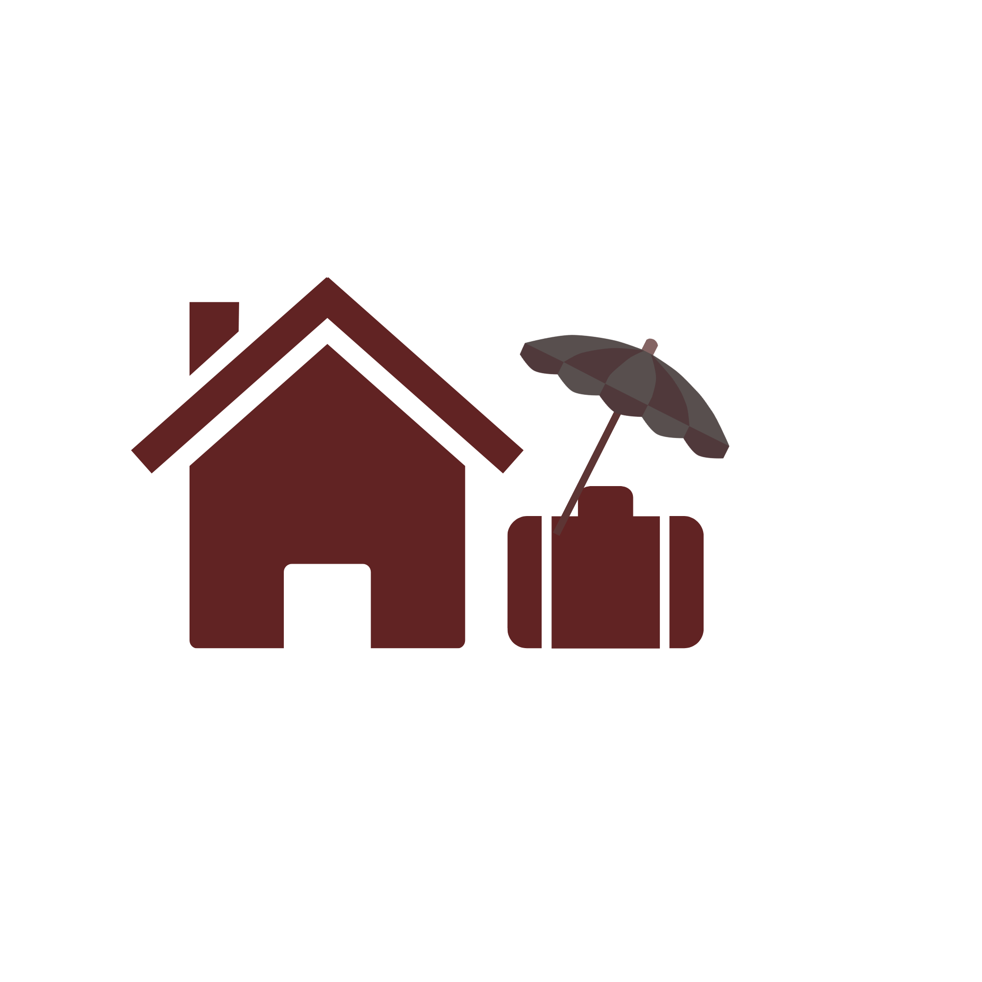 House with a steep roof, umbrella, and trees.