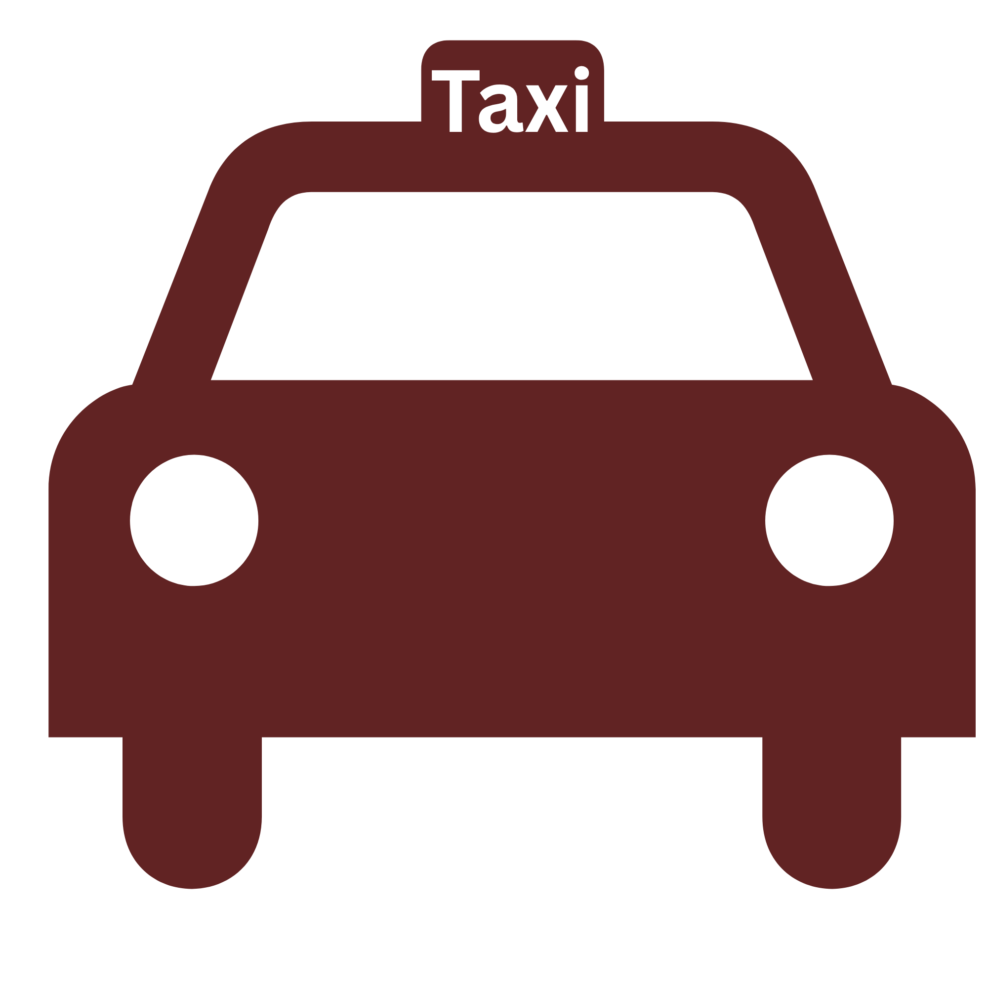 Illustration of a taxi with a dark red body, white windows, and a rooftop sign reading 'Taxi'