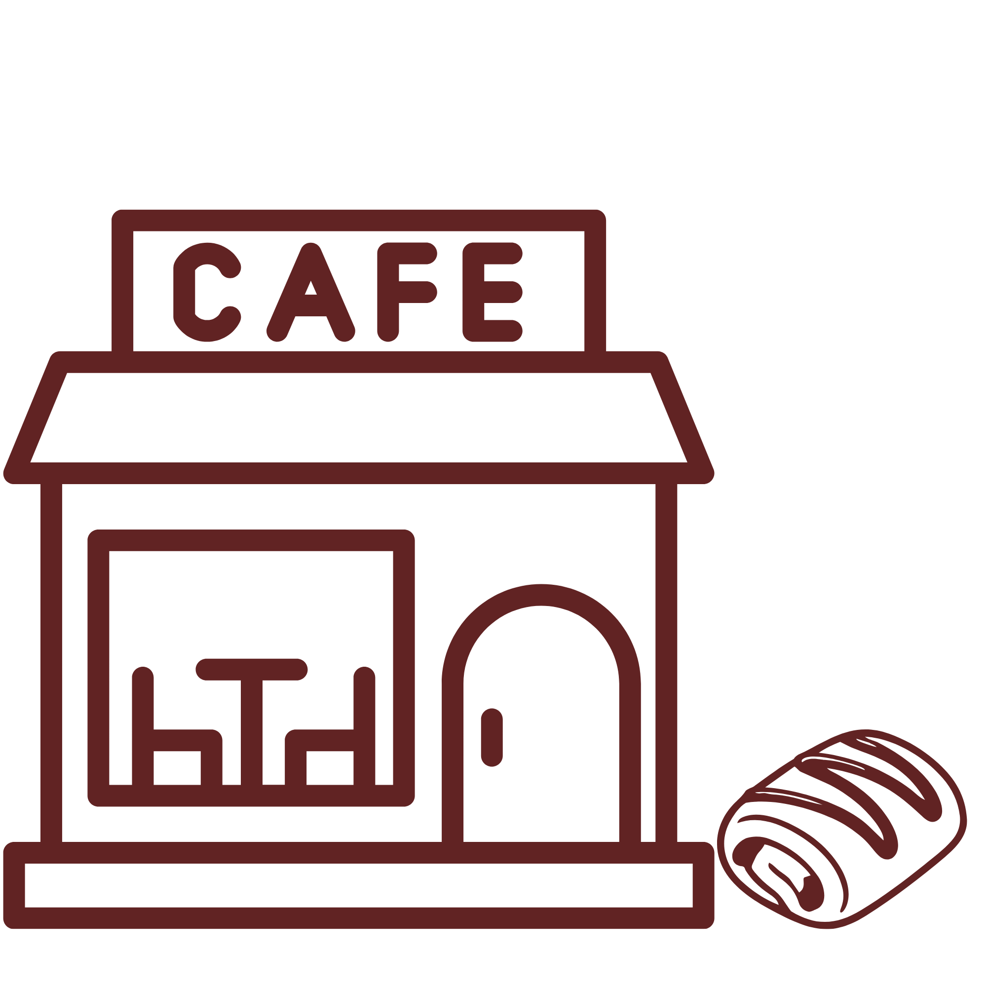Outline illustration of a cafe with a sign that reads 'Café', a table, a chair, a coffee cup, and a plant.