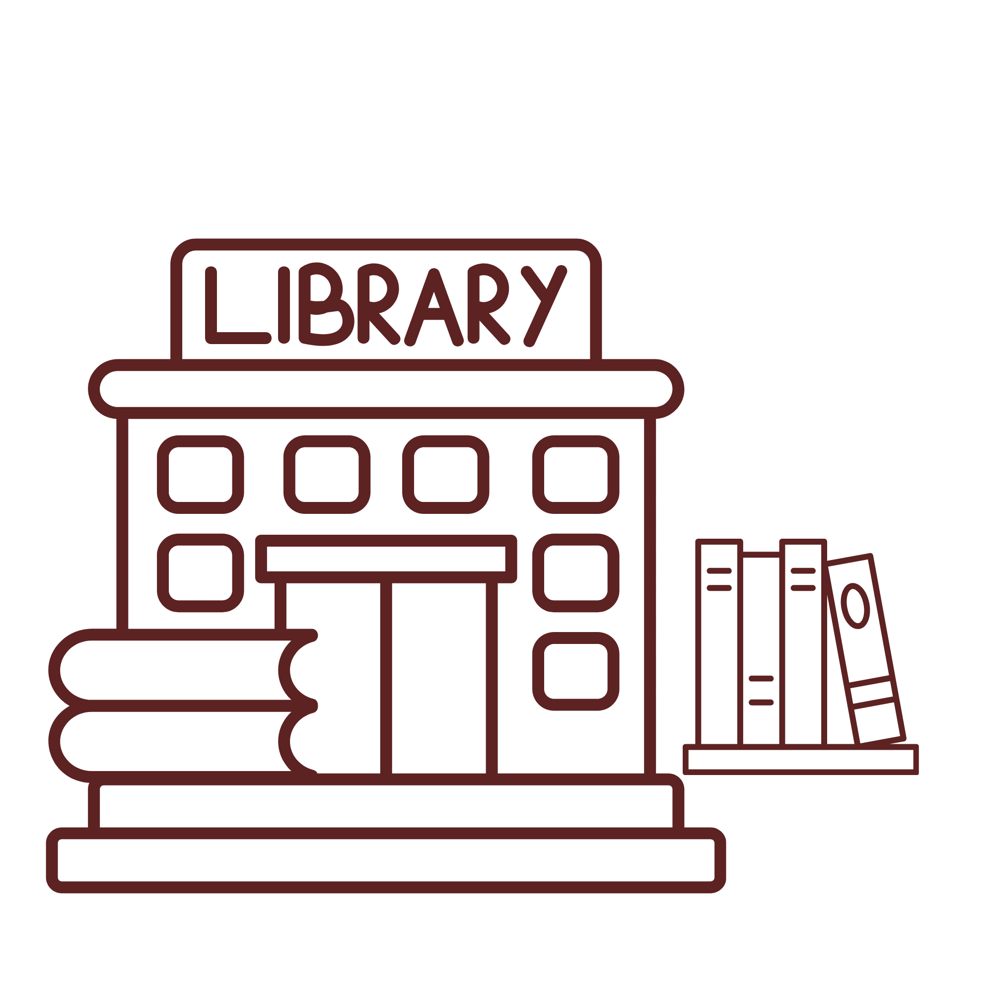Illustration of a library building with a sign reading 'LIBRARY' on top of the entrance and a row of books next to it.