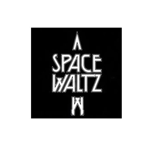 Logo for the band Space Waltz with stylised white text on a black background, arranged vertically.