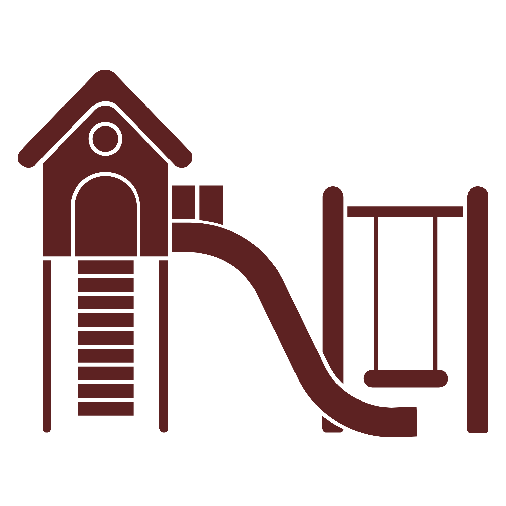 Illustration of a slide, climbing structure and swing set.