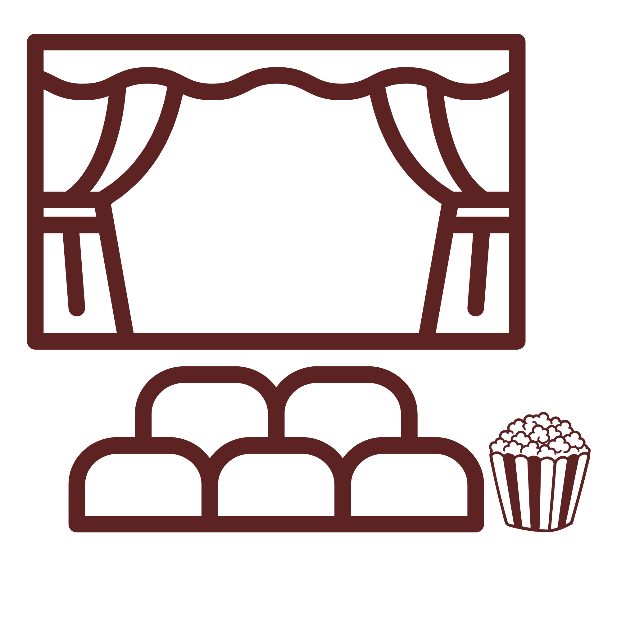 Illustration of a cinema screen with curtains, seating and a bucket of popcorn.