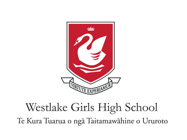 The logo of Westlake Girls High School with a white swan on a red shield with a crown above and a Latin motto 'Virtute Experiamur,' with text in English and Maori below describing the school.