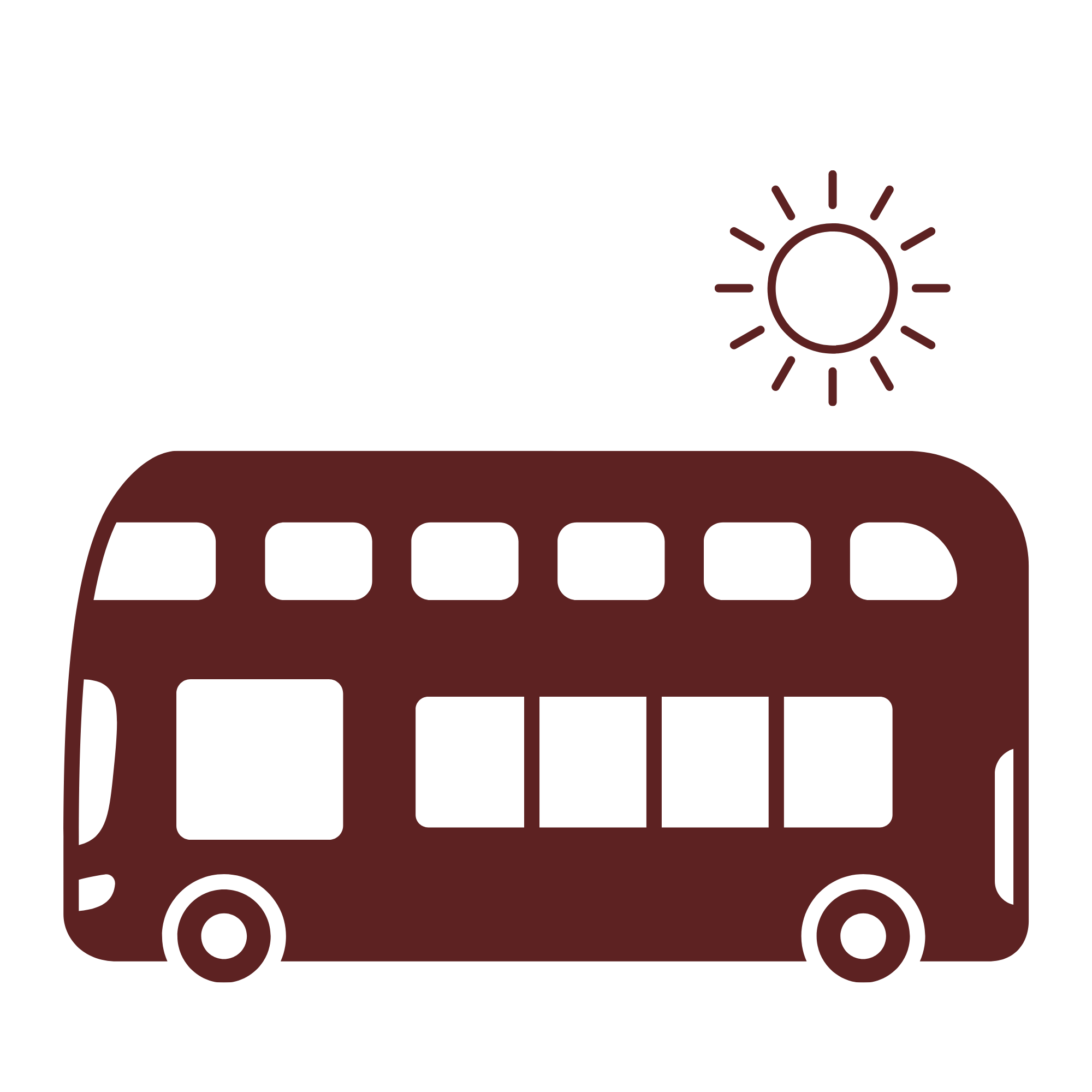 Illustration of a double-decker Waiheke tourist bus and a shining sun in the sky.