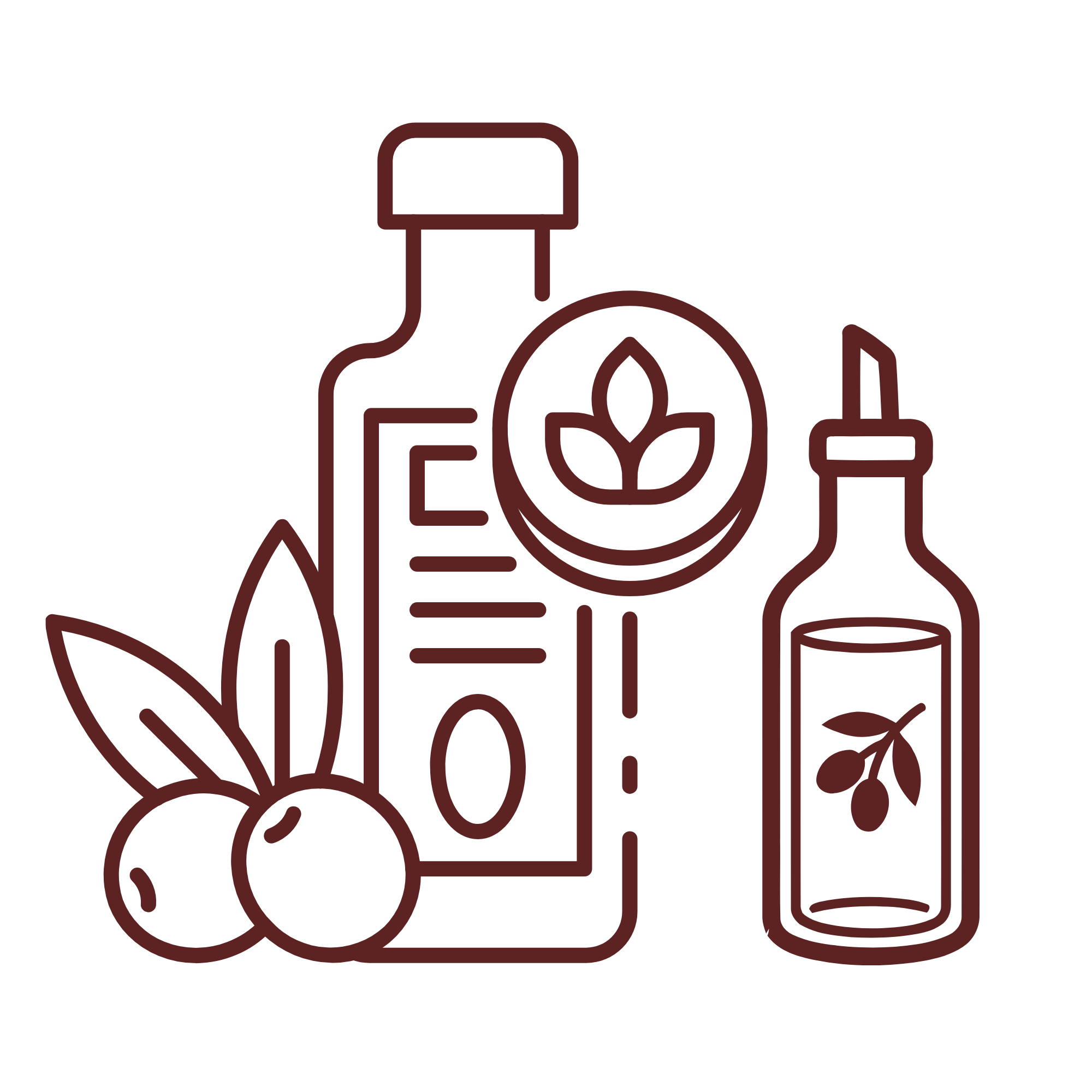 Illustration of 2 bottles of olive oil and a bunch of olives.