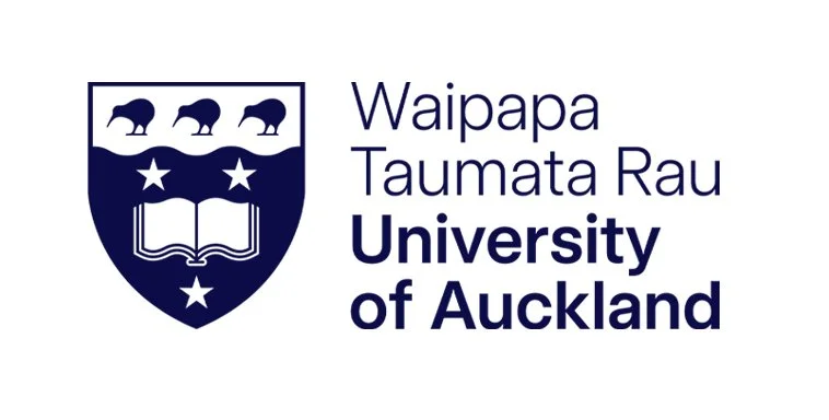 University of Auckland logo with three kiwi birds, a shield, three stars and an open book.