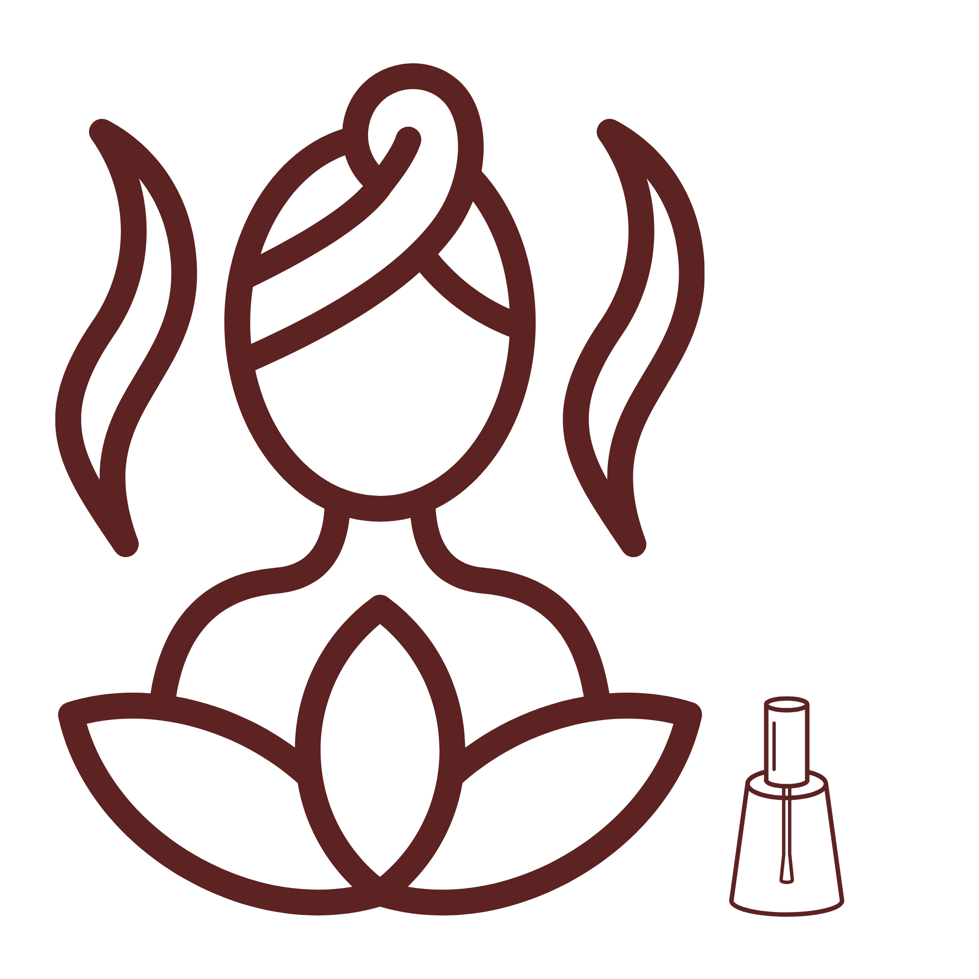 Illustration of the top half of a person in front of a lotus flower with a head wrap next to a bottle of nail polish. Steam rises either side of the person's head.