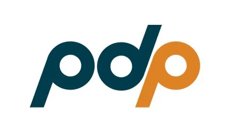 PDP logo with lowercase letters in black and orange.