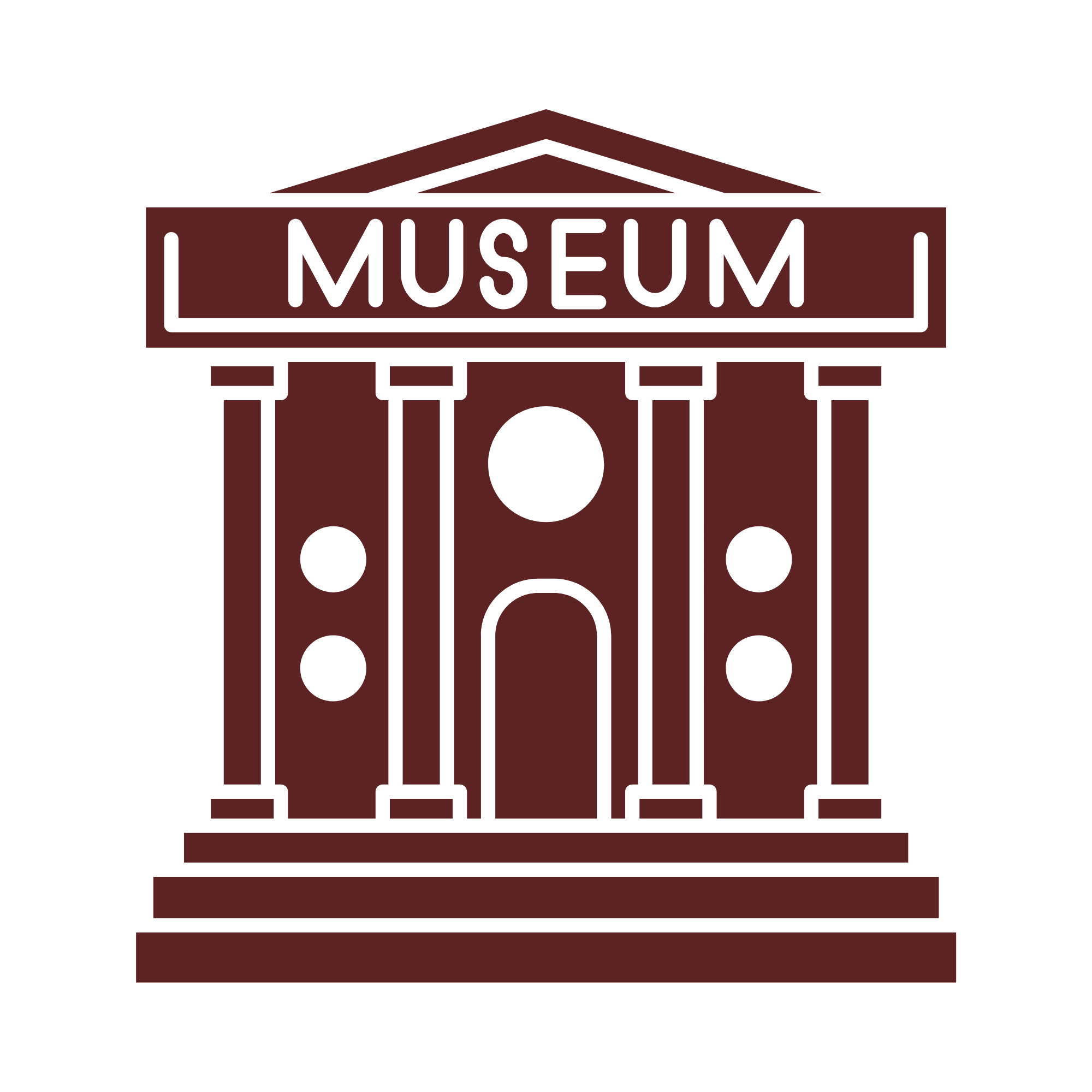 Illustration of a museum building with columns and the word "MUSEUM" displayed on the front.