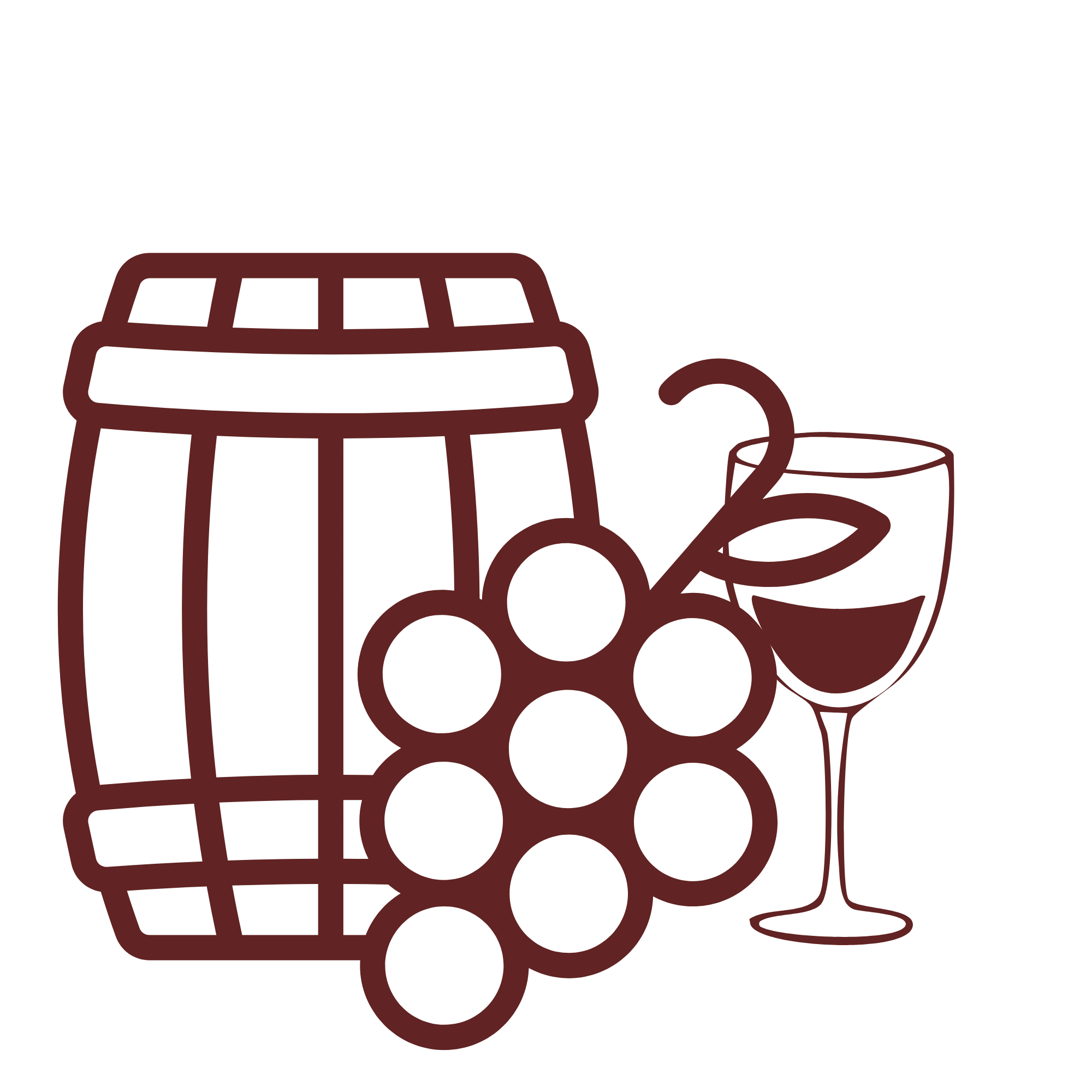 Line drawing of a shopping cart filled with grapes and a wine glass nearby.
