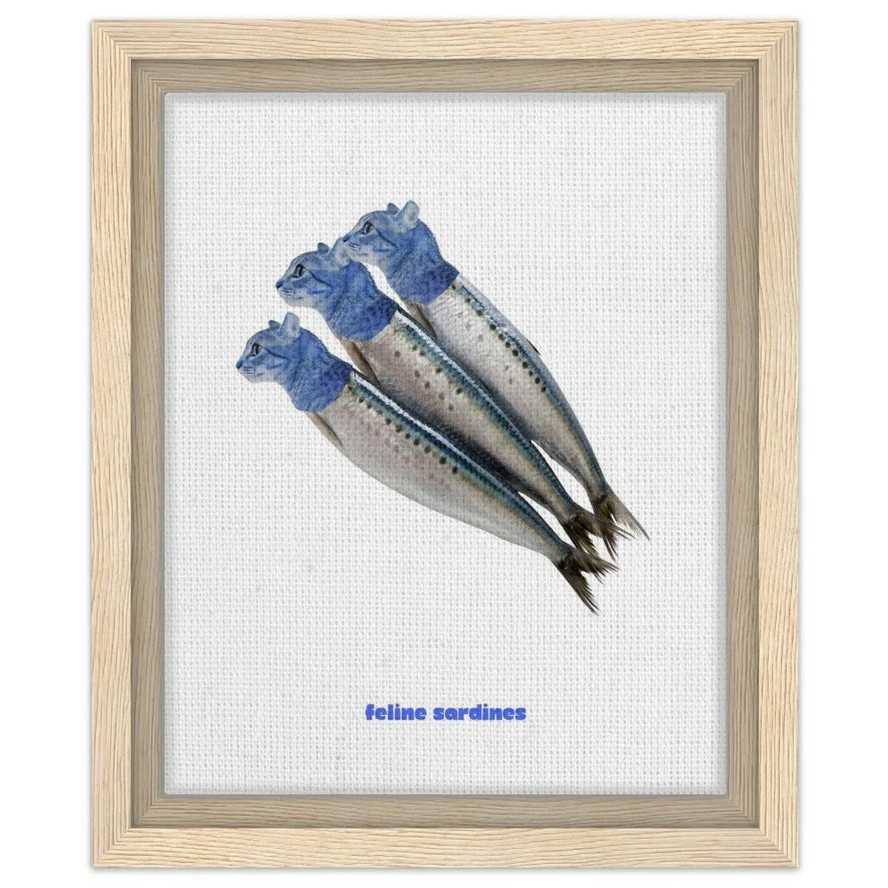 cat lover framed print, funny cat sardines print, quirky cat sardines kitchen decor