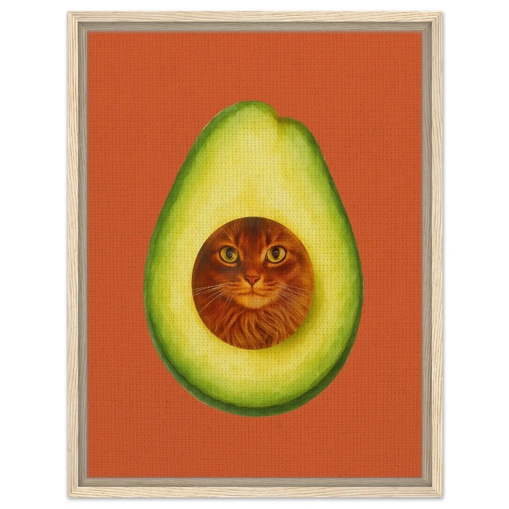 avocado cat framed canvas, cat lovers home decor, avocado lovers kitchen decor