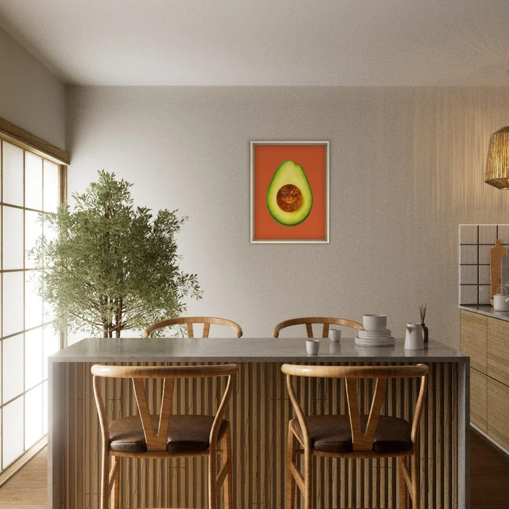 avocado cat framed canvas, cat lovers home decor, avocado lovers kitchen decor